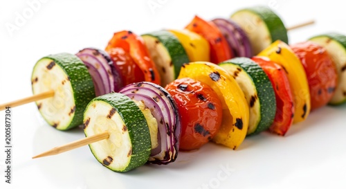 明るい光が照らす香ばしく焼き上がった色鮮やかな夏野菜の串焼き 白い背景に美しく並び食欲をそそる. AI Generated