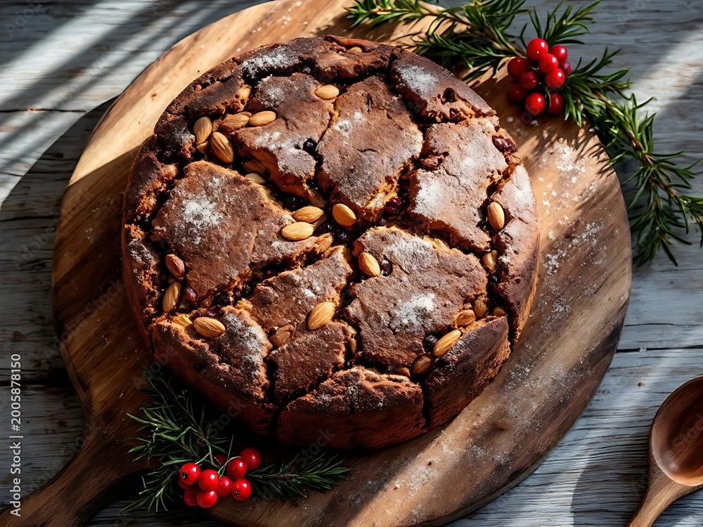 Naklejka premium Traditional Christmas fruit cake with almonds on wooden board, rustic holiday panforte dessert with winter greenery, festive dark chocolate nut cake