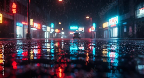 雨降る深夜の都市の通り道鮮やかなネオン光が濡れた路面にきらめくように反射し幻想的な光と水のダンスが繰り広げられる都会の情景. AI Generated