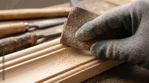 Reliable local carpenter finishing bespoke wooden architrave with fine sandpaper
