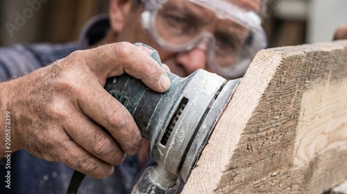 Serious tradesman aggressively stripping paint with electric detail sander