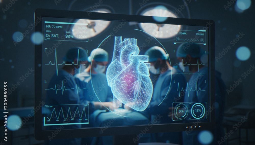 Obraz premium A digital overlay of a glowing wireframe human heart with vital sign telemetry monitoring screens, viewed in a high-tech operating room with surgical staff in the background.