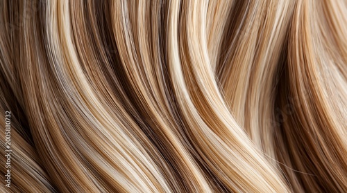 Close-up showing strands of wavy hair with blonde and brown highlights, creating a rich color texture