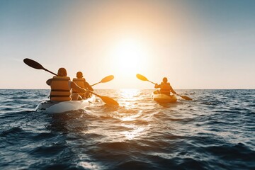 Three people kayaking on calm ocean water, paddling into the golden sunset. Experiencing teamwork and freedom during water sports
