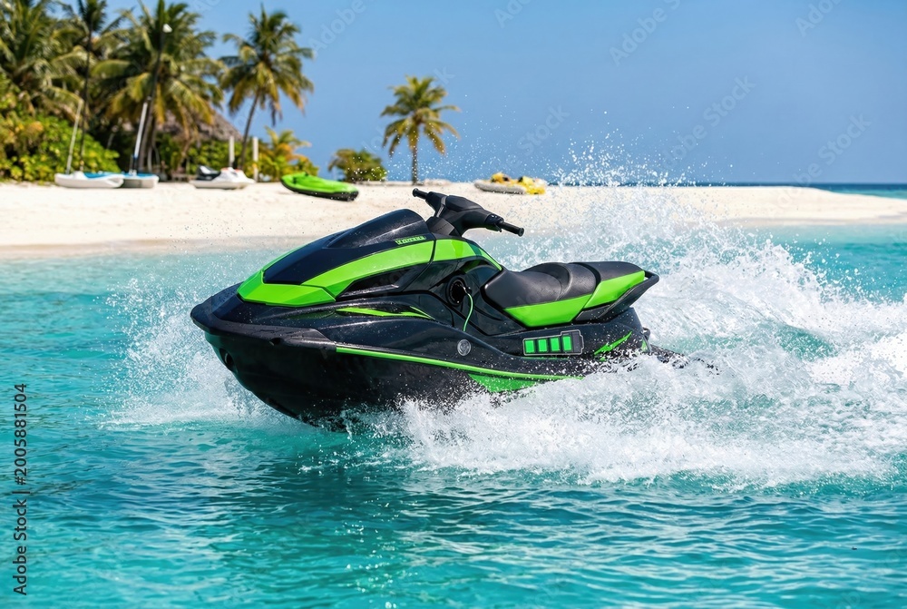 Fototapeta premium High speed electric jet ski concept accelerating near tropical palm beach