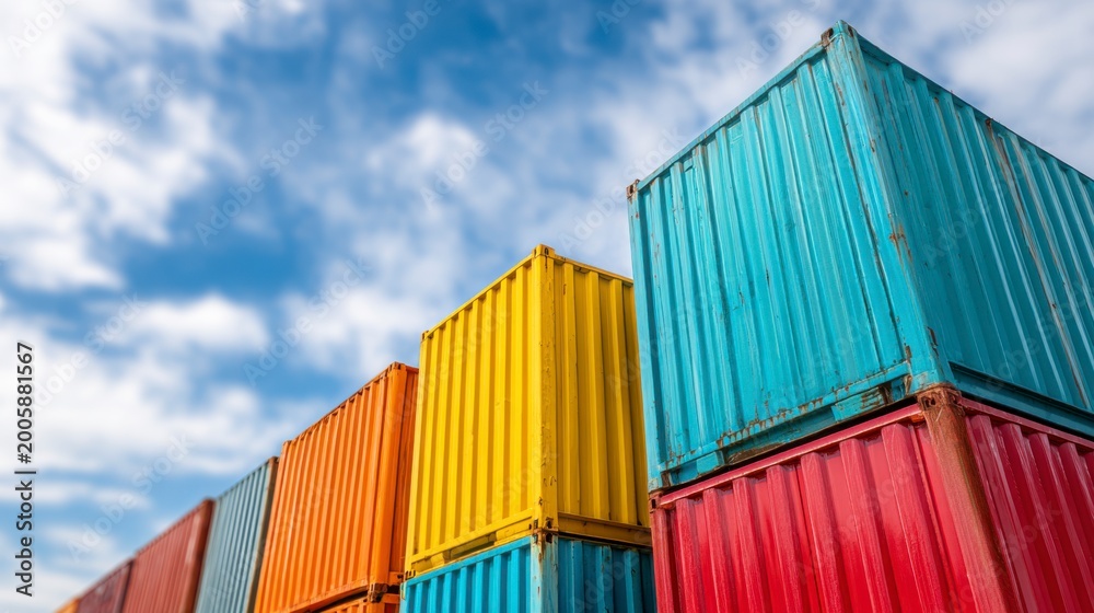 Fototapeta premium Colorful Shipping Containers Stacked Against a Blue Sky with Clouds, Showcasing Industrial and Transportation Elements in a Vivid Urban Setting