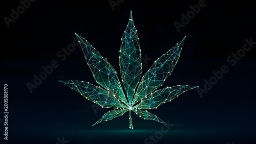 Unik & futuristik: Daun ganja digital yang bersinar dengan pola geometris low-poly & wireframe cyber. Sempurna untuk konsep bioteknologi, inovasi medis, & teknologi masa depan.