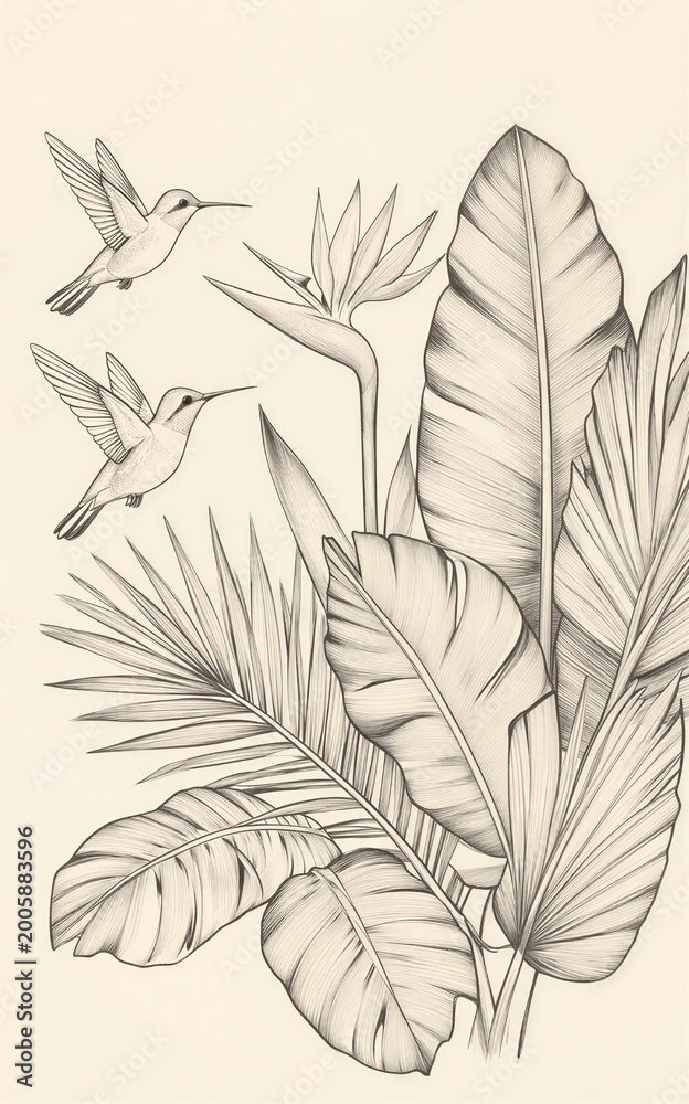 Fototapeta premium Tropical birds soar above lush intricately detailed jungle foliage in