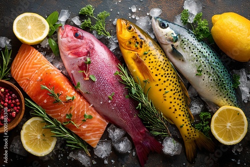 Fresh, colorful fish with lemon and herbs, ready for culinary delight. The arrangement is visually appealing and showcases the freshness of the ingredients. 