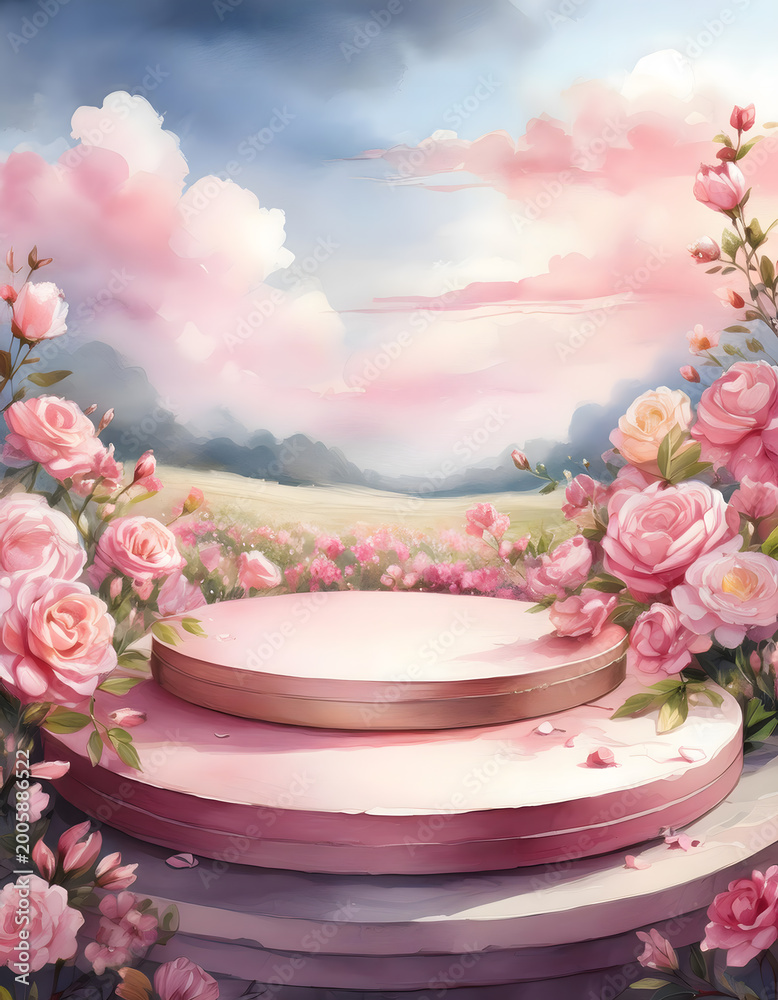 Fototapeta premium A soft pink platform surrounded by watercolor roses and a dreamy sky. A delicate and romantic scene. Generative AI.