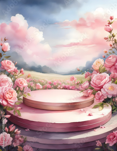 A soft pink platform surrounded by watercolor roses and a dreamy sky. A delicate and romantic scene. Generative AI.