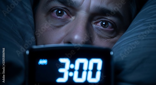 Insomnia sufferer staring at digital alarm clock at 3 am in dark bedroom with bloodshot eyes and sharp focus for sleep disorder awareness and pharmaceutical marketing