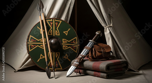 Ancient warrior camp setup with shield, spears, sword, and blanket, historically inspired military gear