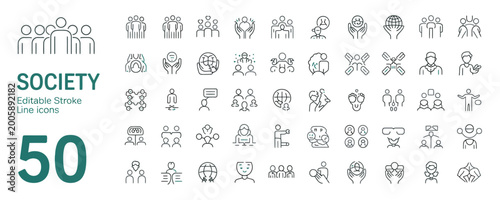 50 Society icons, editable stroke line icons for community and social interaction, vector set