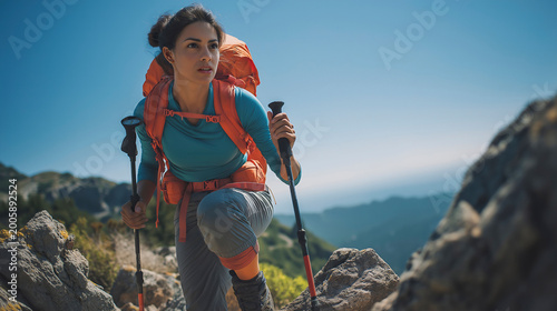Hispanic Woman Ascending a Rocky Mountain Trail with Trekking Poles