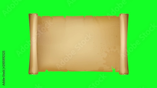 Scroll, Parchment on green screen background
Old Paper Scroll 3d roll 4k parchment animation open up from left to right with green screen frame on blank empty space | Vintage paper scroll or parchment
