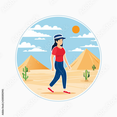 Woman walking in desert with pyramids and cacti