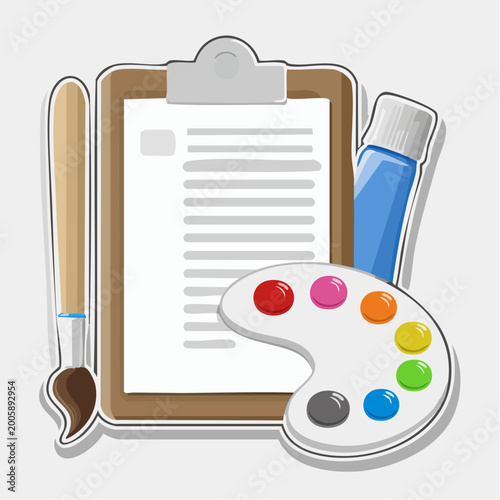 Art Supplies: Clipboard, Paintbrush, Palette, and Paint Tube