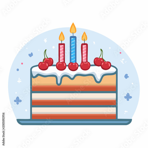 Birthday Cake with Candles and Cherries
