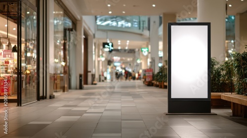 Blank digital advertising screen in shopping mall corridor