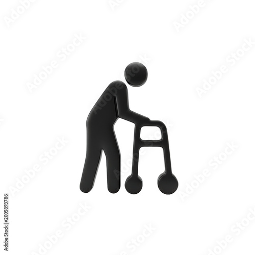 A matte black, photorealistic pictogram of an elderly person using a wheeled walker, rendered as a sharp physical object on a seamless transparent background. Concept of mobility assistance