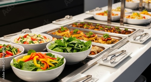 A minimalist buffet line features fresh salads and hot gourmet dishes in sleek white bowls and stainless steel trays under bright modern lighting, contemporary, freshness, table