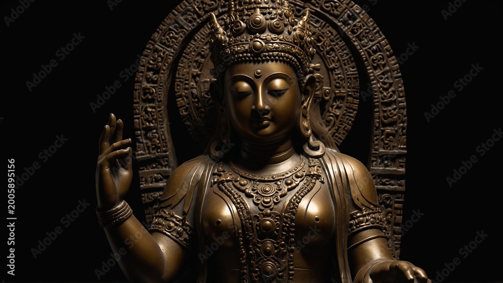 Fototapeta premium Statue of person sitting in front of black background, high quality conceptual artwork - Generative AI