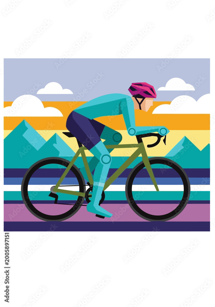 Fototapeta premium Geometric Vector Illustration of a Professional Cyclist Riding a Road Bike Through a Mountain Landscape at Sunset