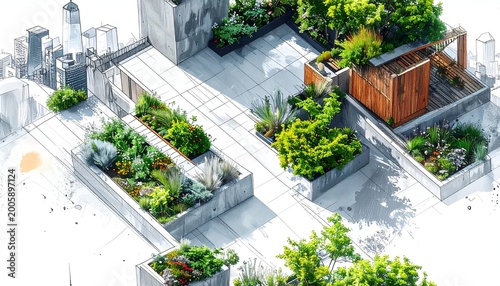 Urban Rooftop Garden Terrace with Lush Planters and Greenery.