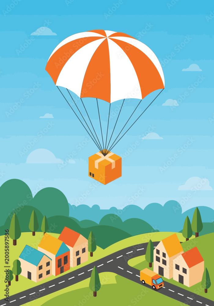 Obraz premium Isometric Vector Illustration of a Delivery Package Dropping by Parachute over a Residential Neighborhood - Express Shipping and Logistics Concept
