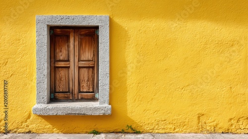 Rustic Wooden Window Shutters on a Vibrant Yellow Wall.