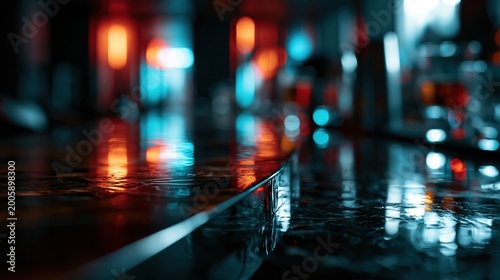 The blurred red, blue, and orange hues create a dynamic and moody atmosphere, evoking the energy of urban nightlife. It is a modern and colorful background, themes related to technology.