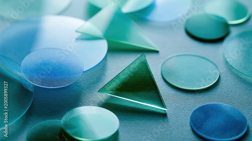 Abstract geometric shapes in varying shades of blue and green. The composition features translucent circles and triangles arranged on a textured surface, creating a modern and minimalist background.