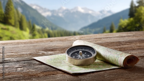Compass and Map on Wooden Table with Mountain Landscape Background.