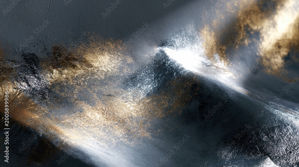Fototapeta premium This abstract background features a textured surface with shimmering gold and silver elements. The interplay of light and shadow creates a dynamic and luxurious visual, modern design projects.