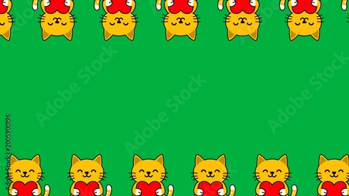 Green screen with a cat holding a heart, moving in a line on both sides of the screen