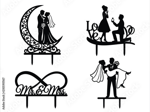 Schilderij op canvas Black wedding cake toppers on white background