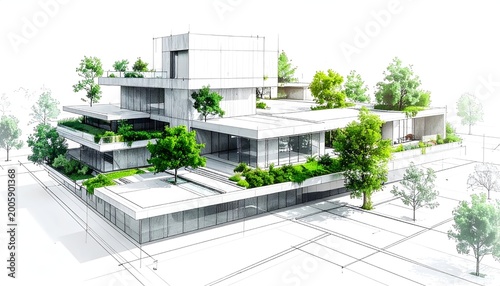 Modern multi level villa with green terraces and trees.