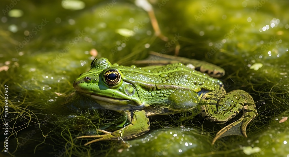 Obraz premium Green frog on mossy aquatic environment.