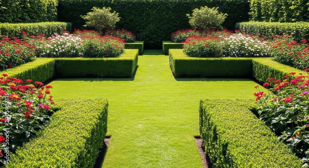 Obraz premium A meticulously landscaped garden featuring symmetrical rows of lush green shrubs, vibrant seasonal flowers, and perfectly trimmed lawns, lawn, tranquility, landscape