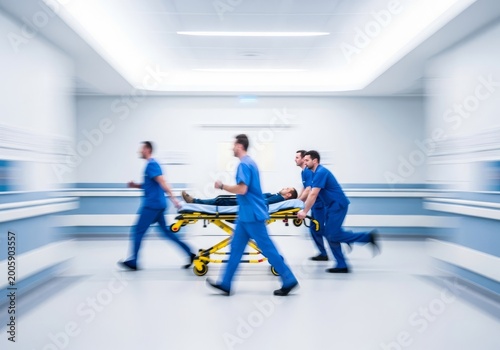 Medical team in blue scrubs rushes through a bright hospital hallway with a stretcher, captured with a high-speed motion blur effect, emergency, healthcare, corridor