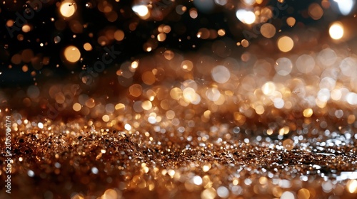 Golden glitter falls and scatters across a dark surface, creating a shimmering, festive background. Defocused bokeh lights add to the magical and celebratory atmosphere.