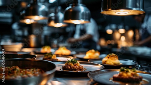 Multiple plates of meticulously arranged food are visible under warm lighting.