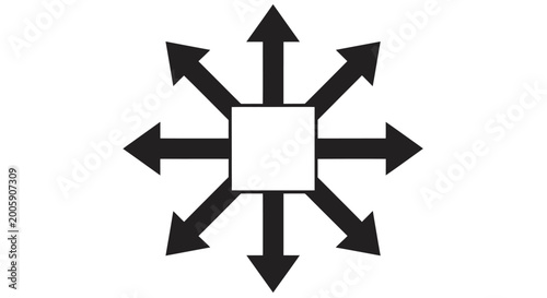 Central square with radiating arrows forming a radial directional graphic for abstract diagrammatic symbolism.