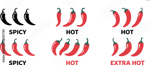 Cuadro en lienzo Spicy, level label set showing chili meter with red chili peppers, hot flavor heat intensity food cuisine icon vector illustration design
