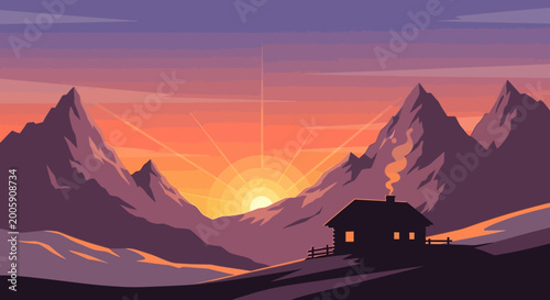Konstfotografi Cozy Cabin in Snowy Mountains at Sunset.