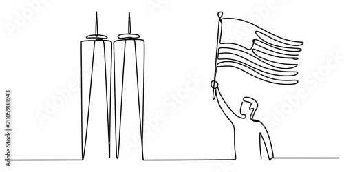 Schilderij op canvas Continuous single line drawing of a person holding an american flag standing nex