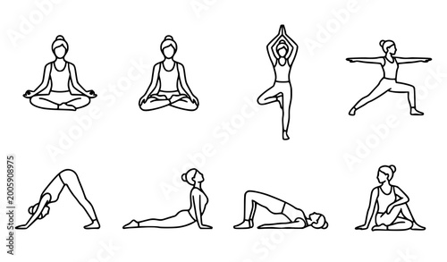 Obraz na płótnie Yoga pose icons set vector thin line woman pilates asana collection meditation f