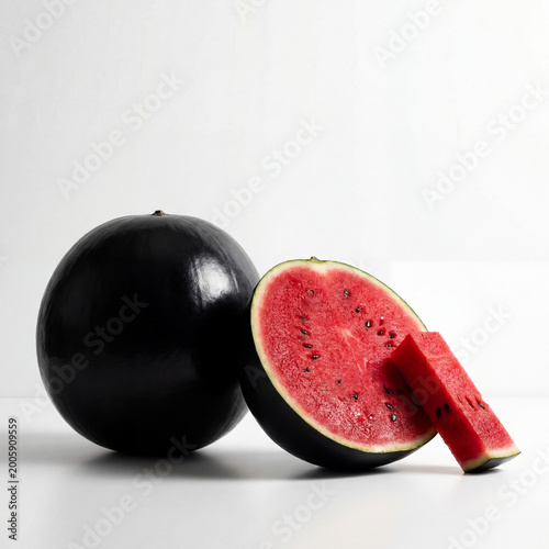 Japanese Densuke Black Watermelon Glossy Jet Black Whole Melon Beside Cut Half Revealing Deep Red Flesh on White Background