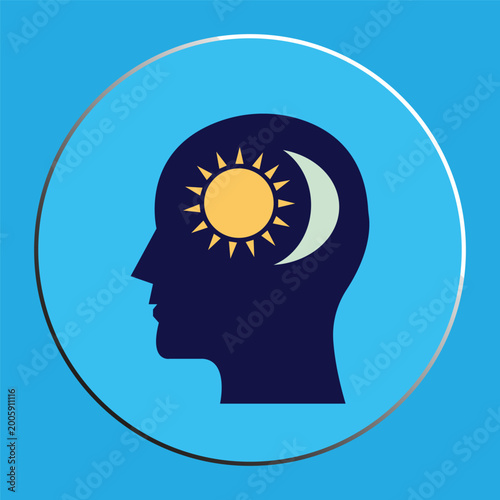 Human Head Silhouette with Sun and Moon Symbols Representing Circadian Rhythm and Mental Balance